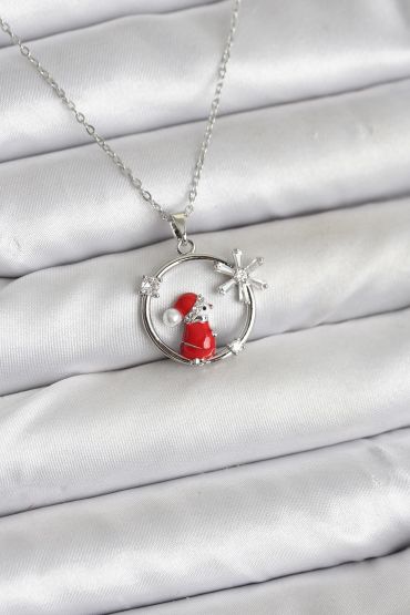 316L Çelik Zincir Gümüş Zirkon Taşlı Yılbaşı Tema Kadın Kolye - TJ-BKO10719