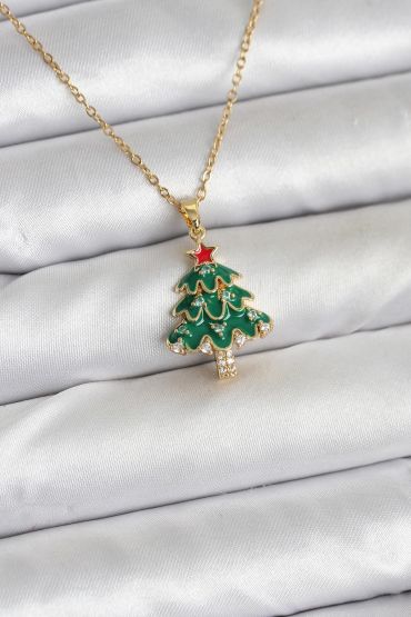 316L Çelik Zincir Gold Renk Çam Ağacı Model Yılbaşı Temalı Kadın Kolye - TJ-BKO10720