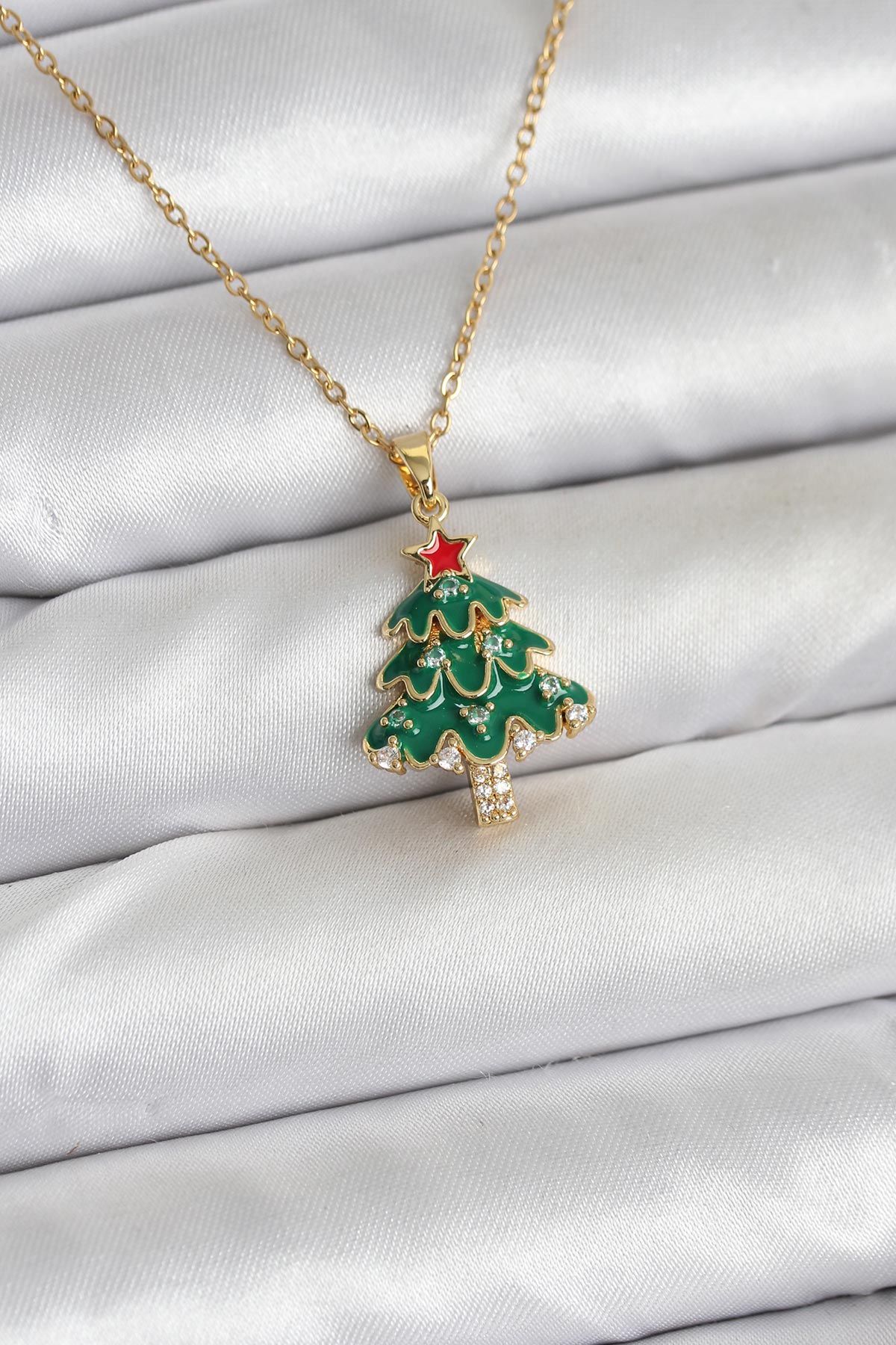 316L Çelik Zincir Gold Renk Çam Ağacı Model Yılbaşı Temalı Kadın Kolye - TJ-BKO10720