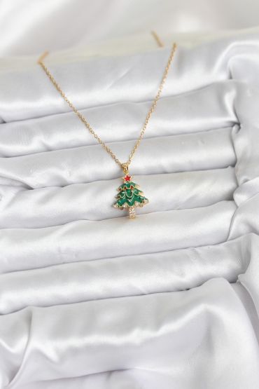 316L Çelik Zincir Gold Renk Çam Ağacı Model Yılbaşı Temalı Kadın Kolye - TJ-BKO10720