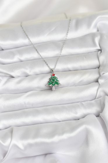 316L Çelik Zincir Gümüş Renk Çam Ağacı Model Yılbaşı Temalı Kadın Kolye - TJ-BKO10721