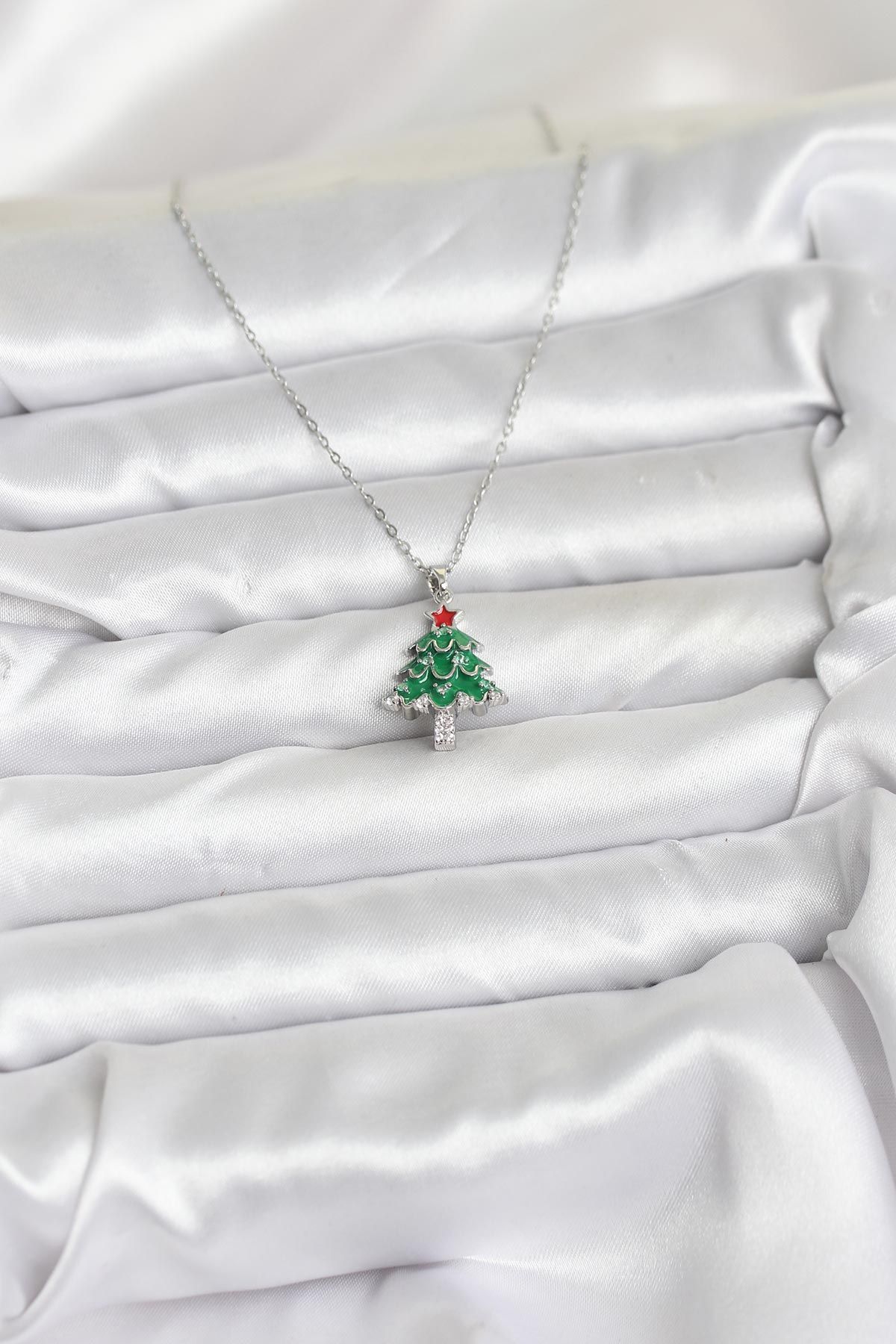 316L Çelik Zincir Gümüş Renk Çam Ağacı Model Yılbaşı Temalı Kadın Kolye - TJ-BKO10721