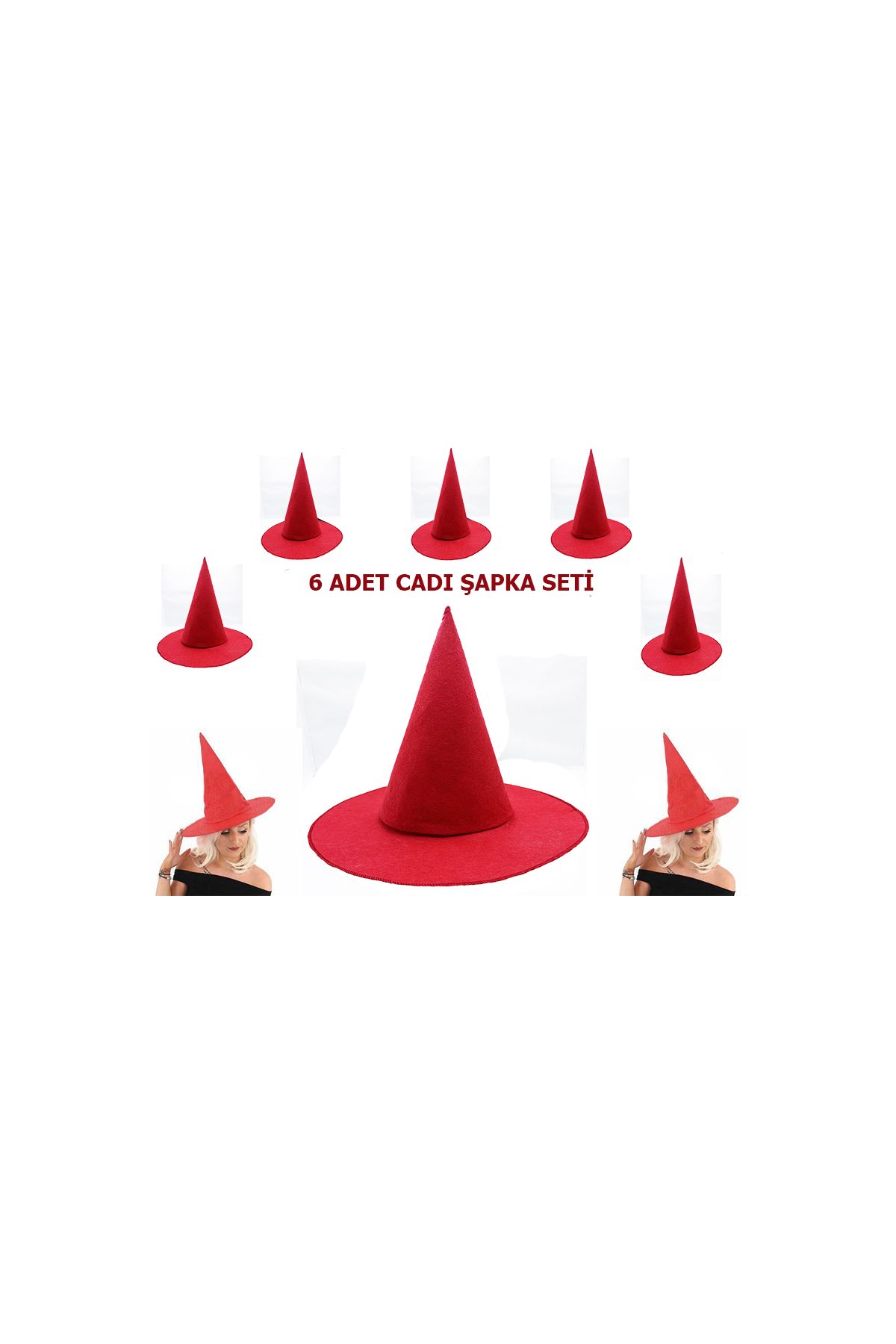 Kırmızı Renk Keçe Cadı Şapkası Yetişkin Çocuk Uyumlu 6 Adet