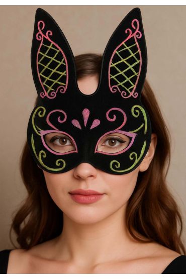 Siyah Renk Pembe Gold Simli Siyah Süet Kaplama Tavşan Maskesi 18x16 cm