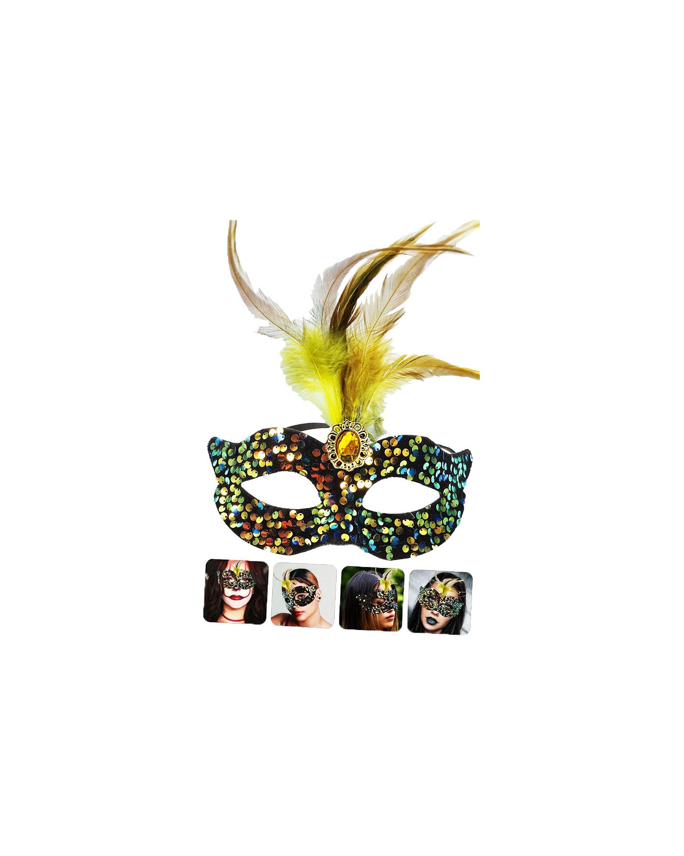 Siyah Kadife Üzeri Rengarenk Payetli Pullu Sarı Tüylü Sarı Taşlı Parti Maskesi 19x21 cm