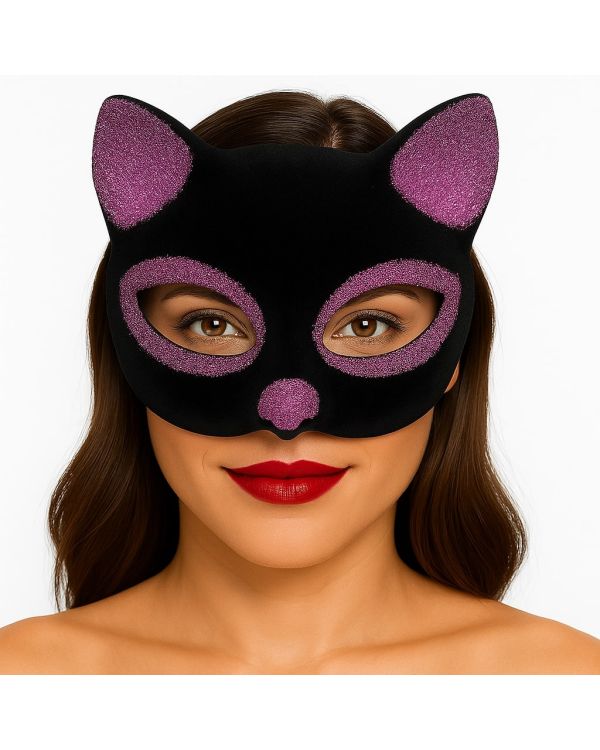 Siyah Renk Pembe Simli Süet Kaplama Kedi Maskesi 18x14 cm