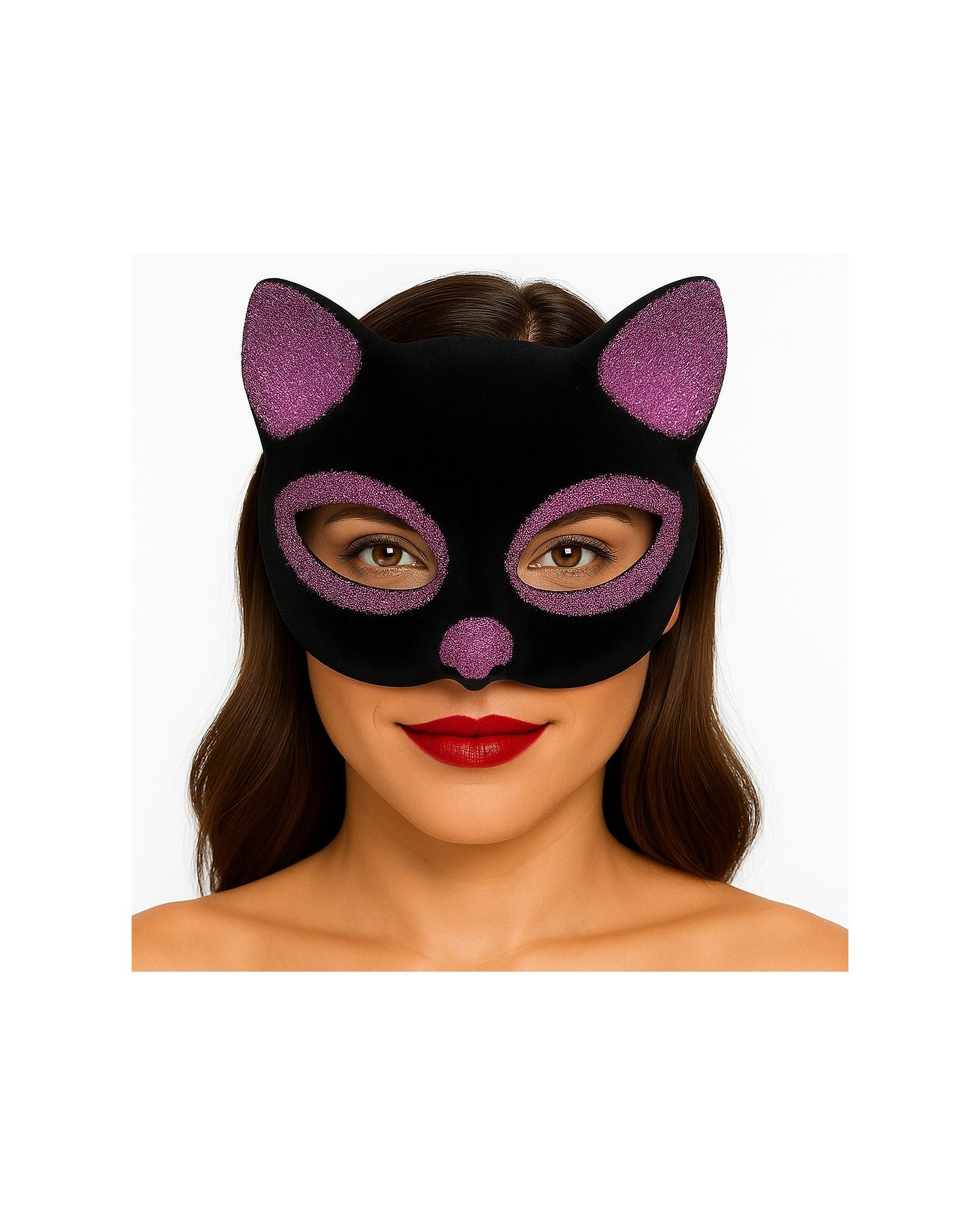 Siyah Renk Pembe Simli Süet Kaplama Kedi Maskesi 18x14 cm