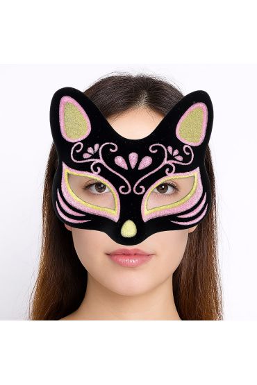 Siyah Renk Süet Kaplama Üzeri Sarı Pembe Simli Kedi Maskesi 17x14 cm