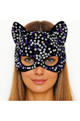 Siyah Kadife Kumaş Üzerine Mor Beyaz Payetli Pullu Parti Maskesi 16x14 cm