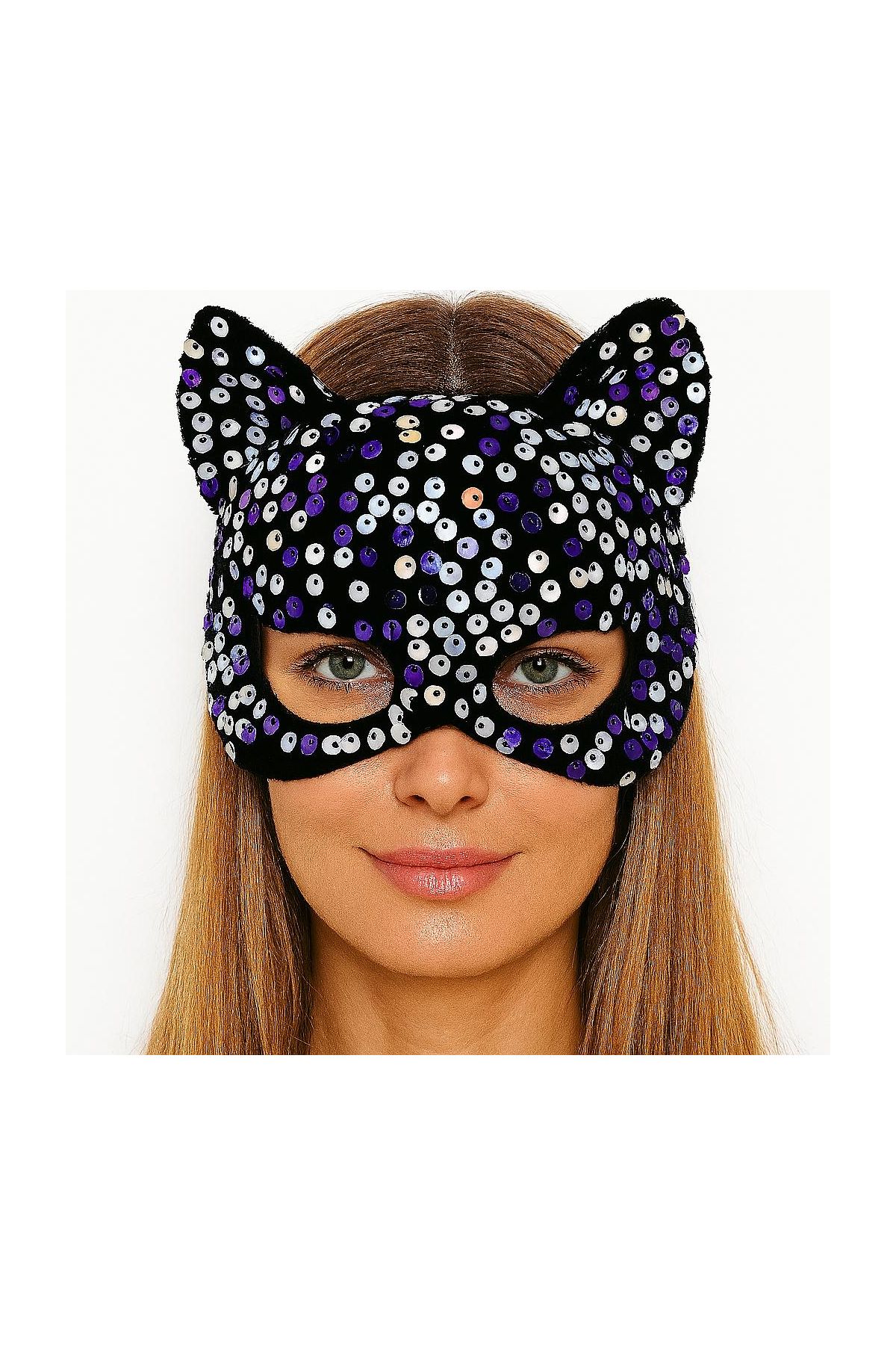 Siyah Kadife Kumaş Üzerine Mor Beyaz Payetli Pullu Parti Maskesi 16x14 cm