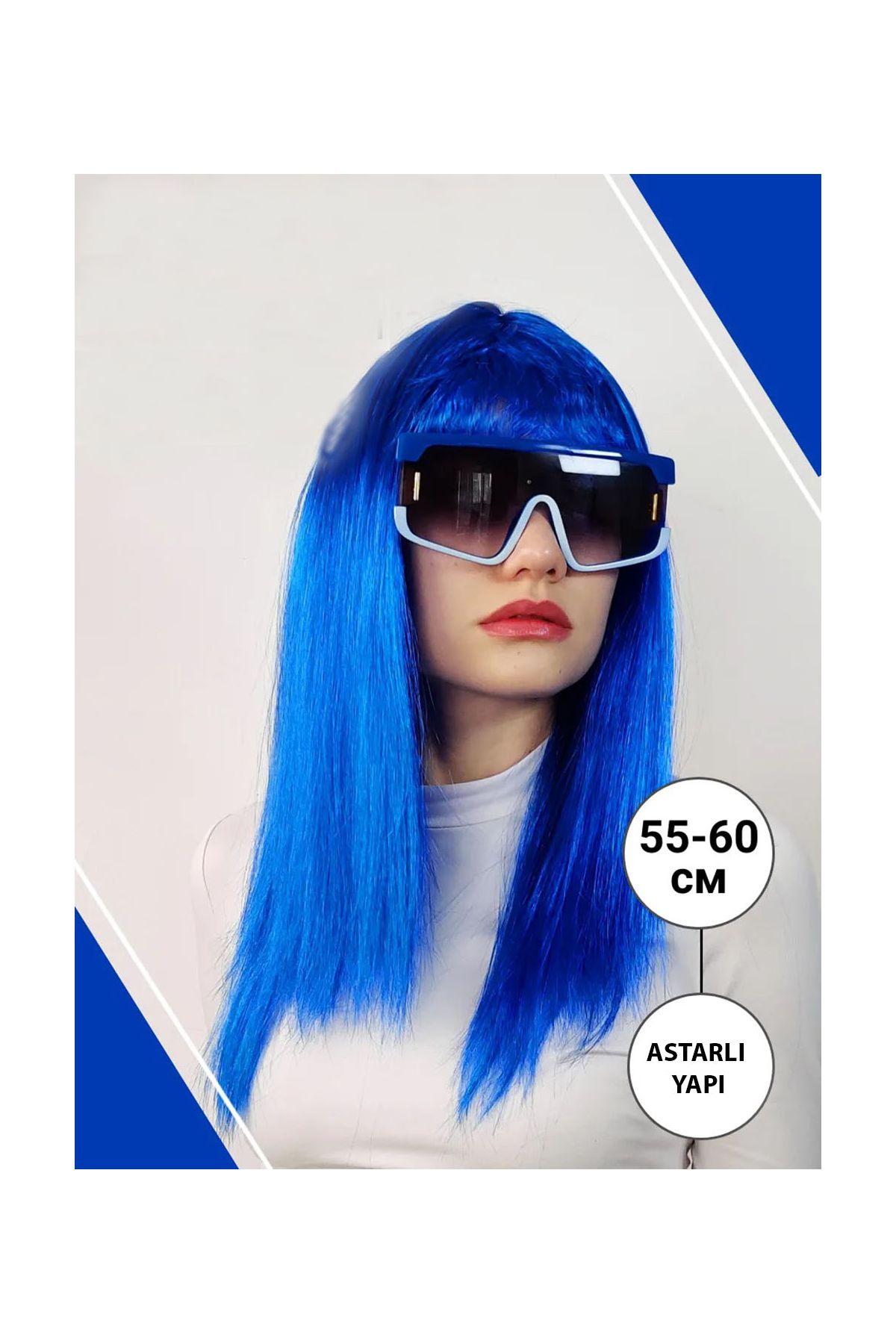 Mavi Renk Uzun Parti Peruğu