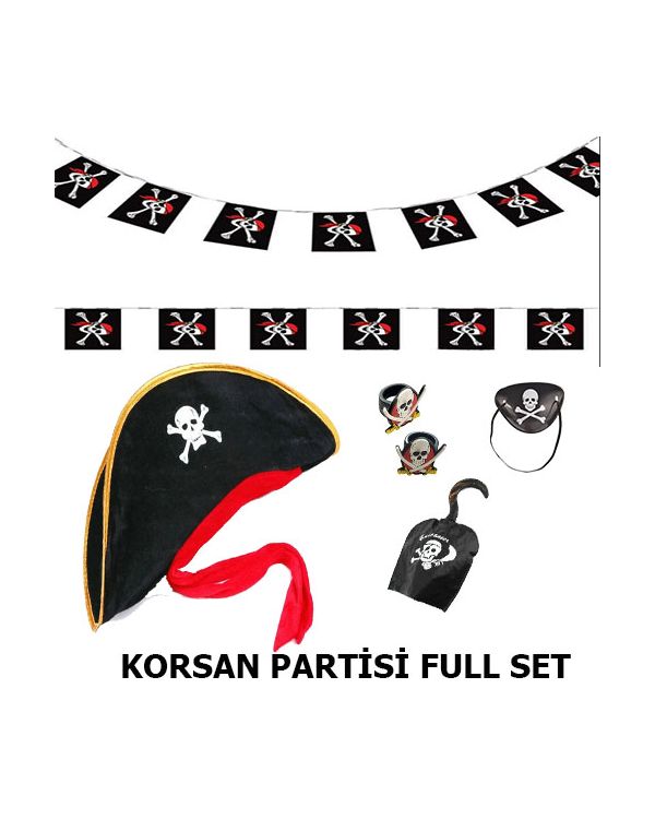 Çocuk Korsan Şapkası + Kancası + Göz Bandı + 2 Adet Yüzük + Afiş Seti