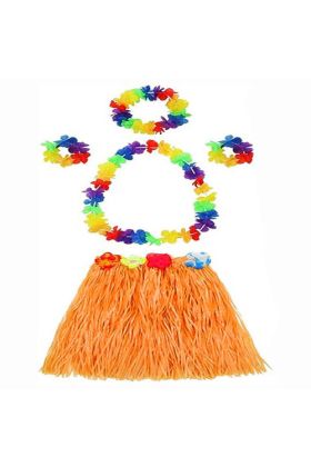 Yetişkin ve Çocuk Uyumlu Luau ha Hawaii Tcu Etek ve Renkli Kolye Taç 2 Adet Bileklik Seti