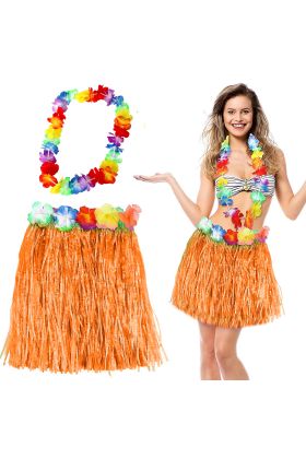 Hawaii Luau ha Tcu Püsküllü 40 cm Etek ve Hawaii Kolye Seti