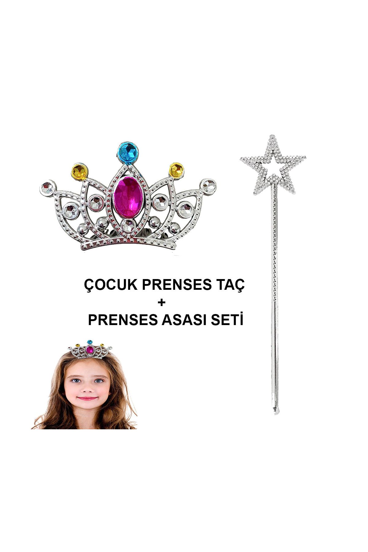 Çocuklar İçin Taraklı Prenses Tacı ve Prenses Yıldız Asa Seti Gümüş