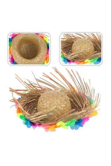 Naturel Renk Püsküllü Örme Hasır Hawaii Luau ha Şapka 13x36 cm