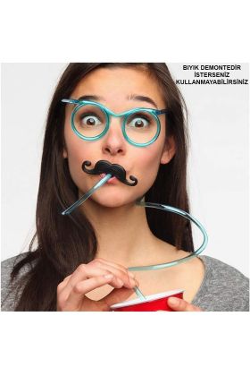 Pipetli Parti Gözlüğü - Çocuk ve Yetişkin Bıyıklı Pipet Gözlük Mavi Renk 18x14 cm