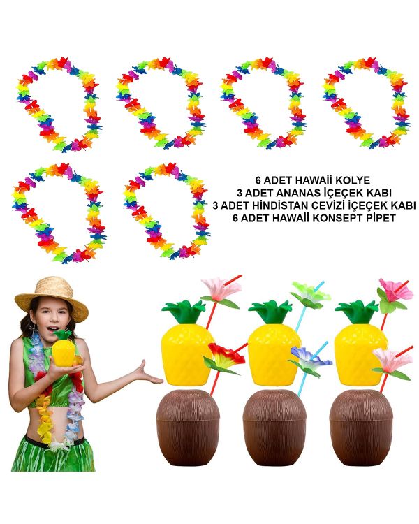 Tropikal Hawaii Parti Malzemeleri – Kolye, Pipet, Bardak Seti
