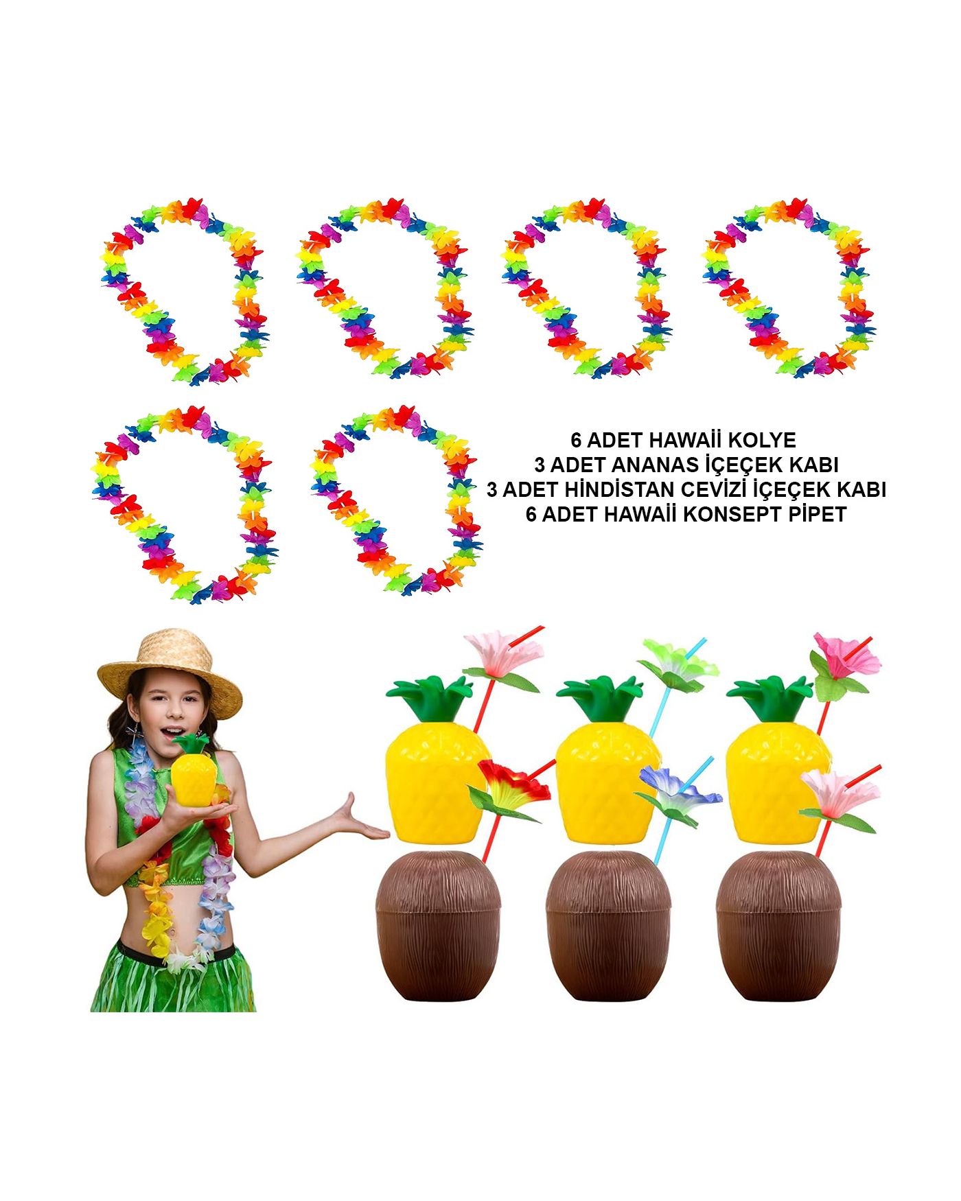 Tropikal Hawaii Parti Malzemeleri – Kolye, Pipet, Bardak Seti