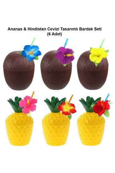 Ananas &amp Hindistan Cevizi Tasarımlı Pipetli Bardak Seti (6 Adet)