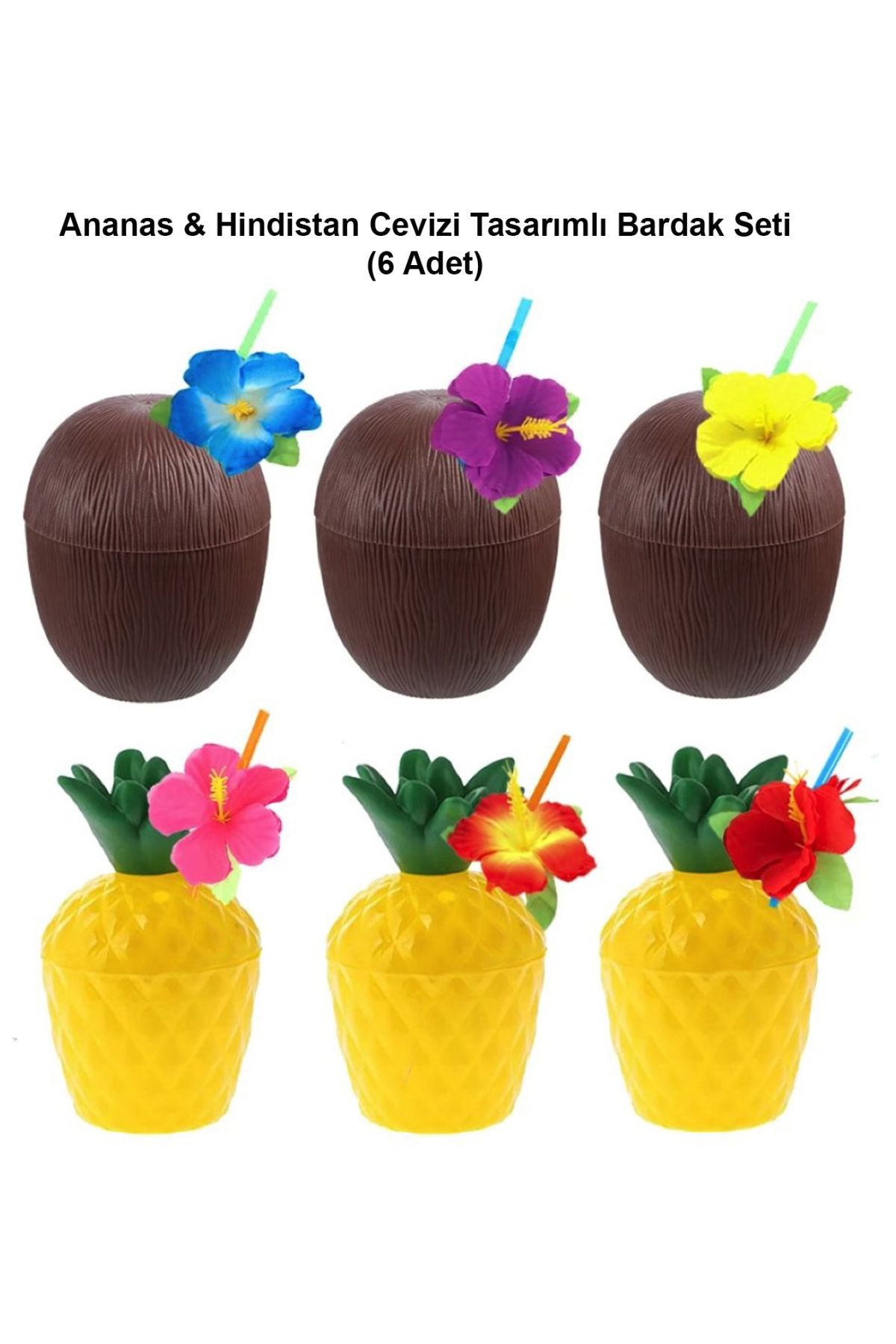 Ananas &amp Hindistan Cevizi Tasarımlı Pipetli Bardak Seti (6 Adet)
