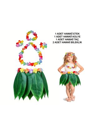 Çocuk Hawaii Kostüm Seti - Yaprak Etek &amp Hawaii Set - 5 Parça
