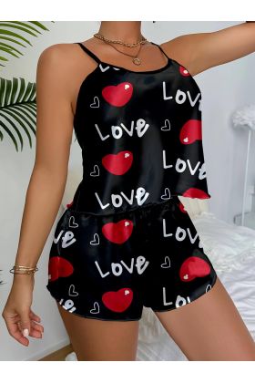 Ask Temalı Kalp Desenli  Saten Şortlu Gecelik