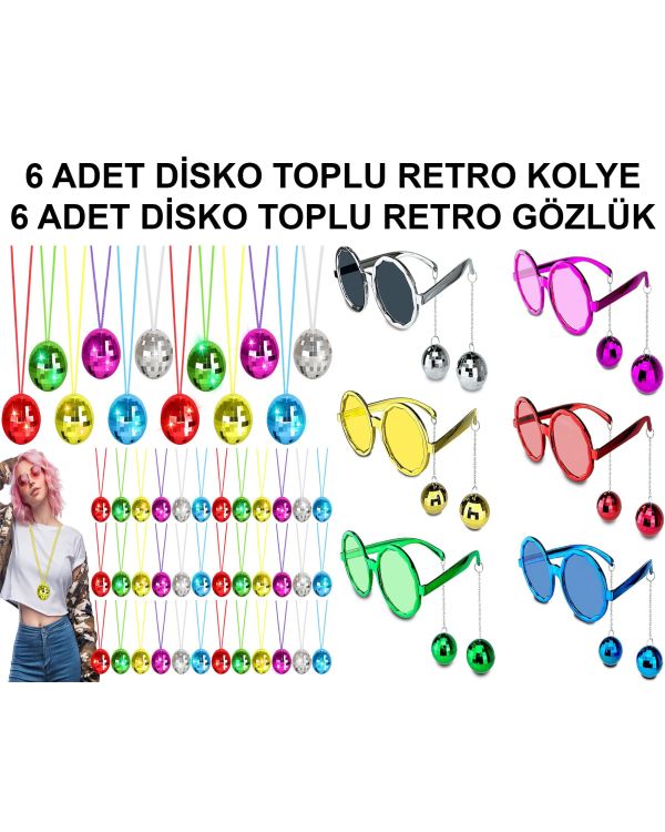 12 Parça Renkli Disko Toplu Retro Parti Seti – 6 Kolye + 6 Gözlük