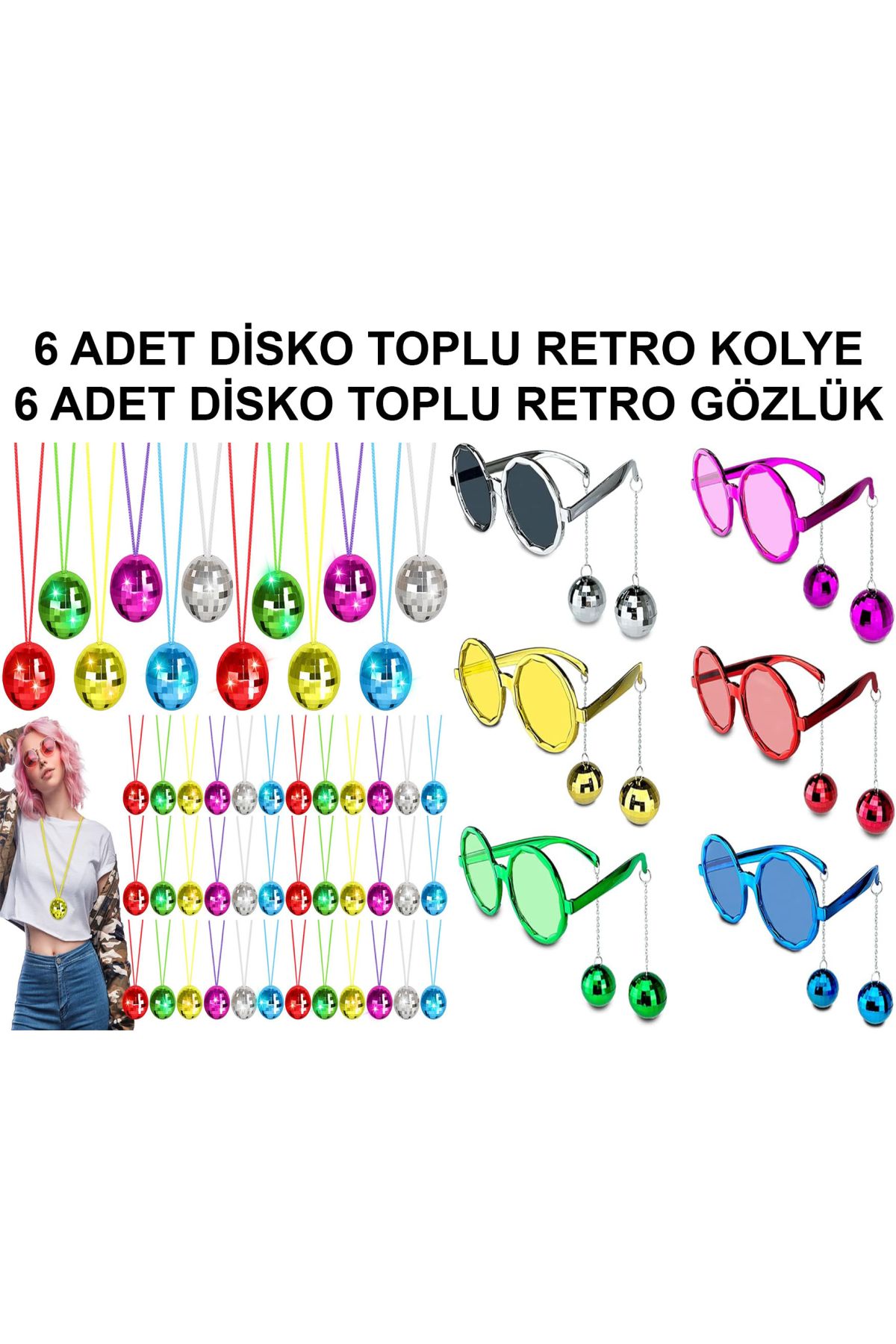 12 Parça Renkli Disko Toplu Retro Parti Seti – 6 Kolye + 6 Gözlük