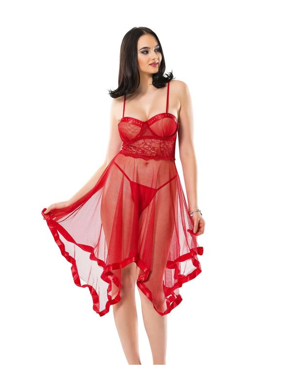 Kırmızı Petli Tül Şifon Gecelik