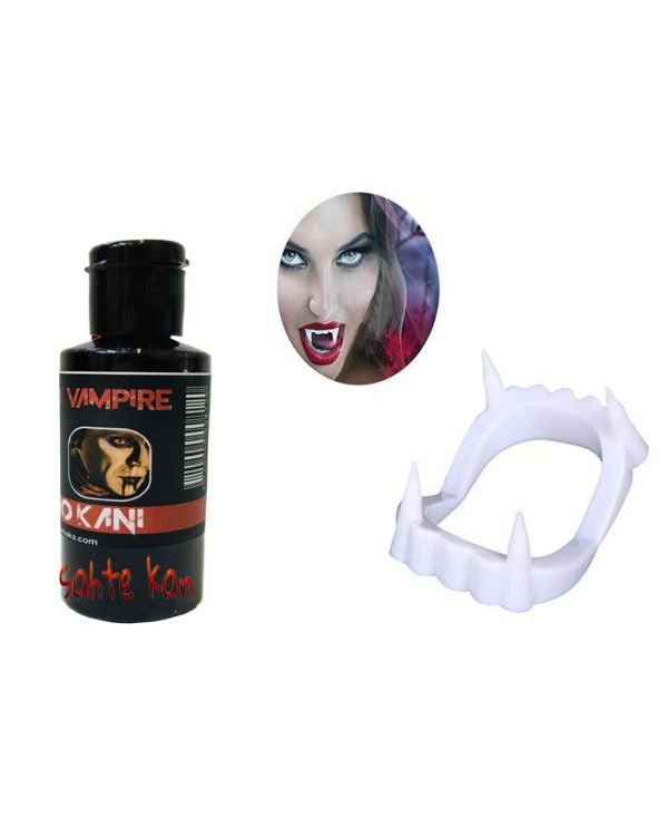 Beyaz Renk Çift Damak Takma Vampir Dişi ve 50 gr Tiyatro Kanı