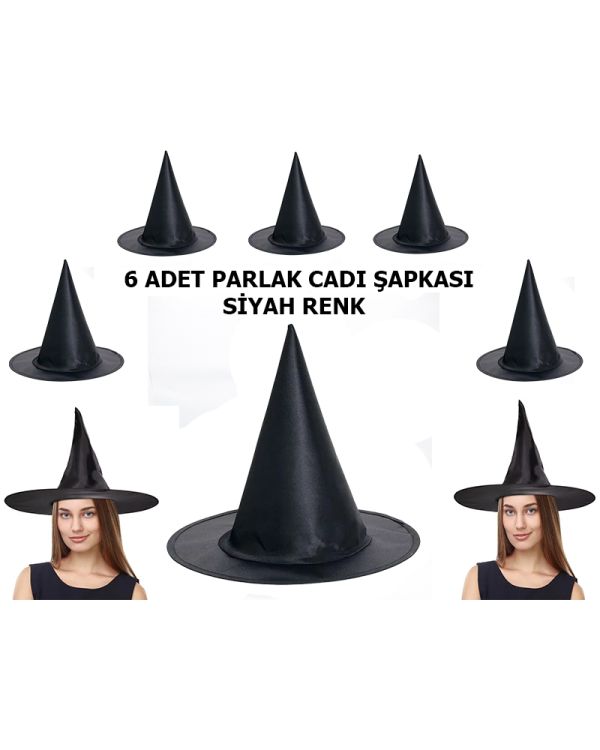Halloween Siyah Renk Parlak Drn Cadı Şapkası Yetişkin ve Çocuk Uyumlu 6 Adet