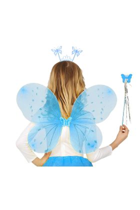 Mavi Kelebek Erkek-Kız Seti – 50 cm Kelebek Kanadı, Taç ve Asa