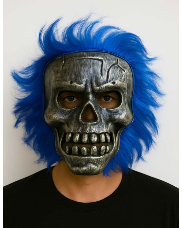 Wild Skull - Gümüş Kafatası Mavi Saçlı İskelet Maske