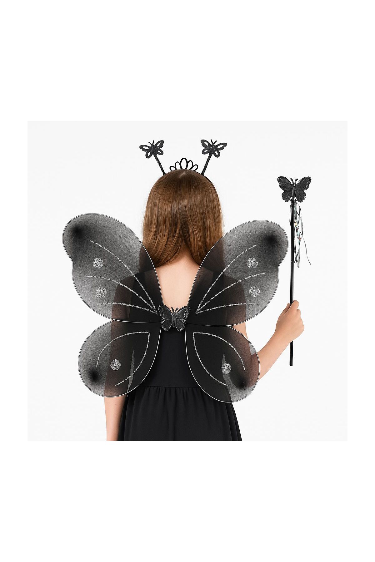 Siyah Kelebek Kız Seti – 50 cm Kelebek Kanadı, Taç ve Asa