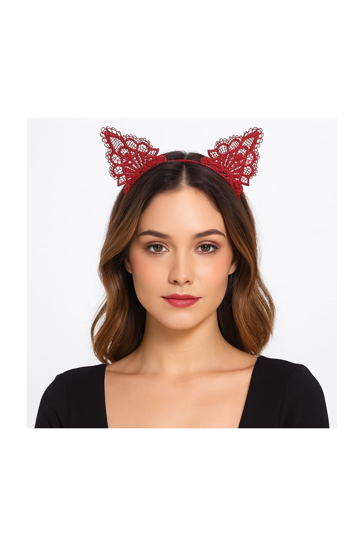 Dantelli Kırmızı Kedi Tacı - Vintage Tarz Dantel Kedi Kulak