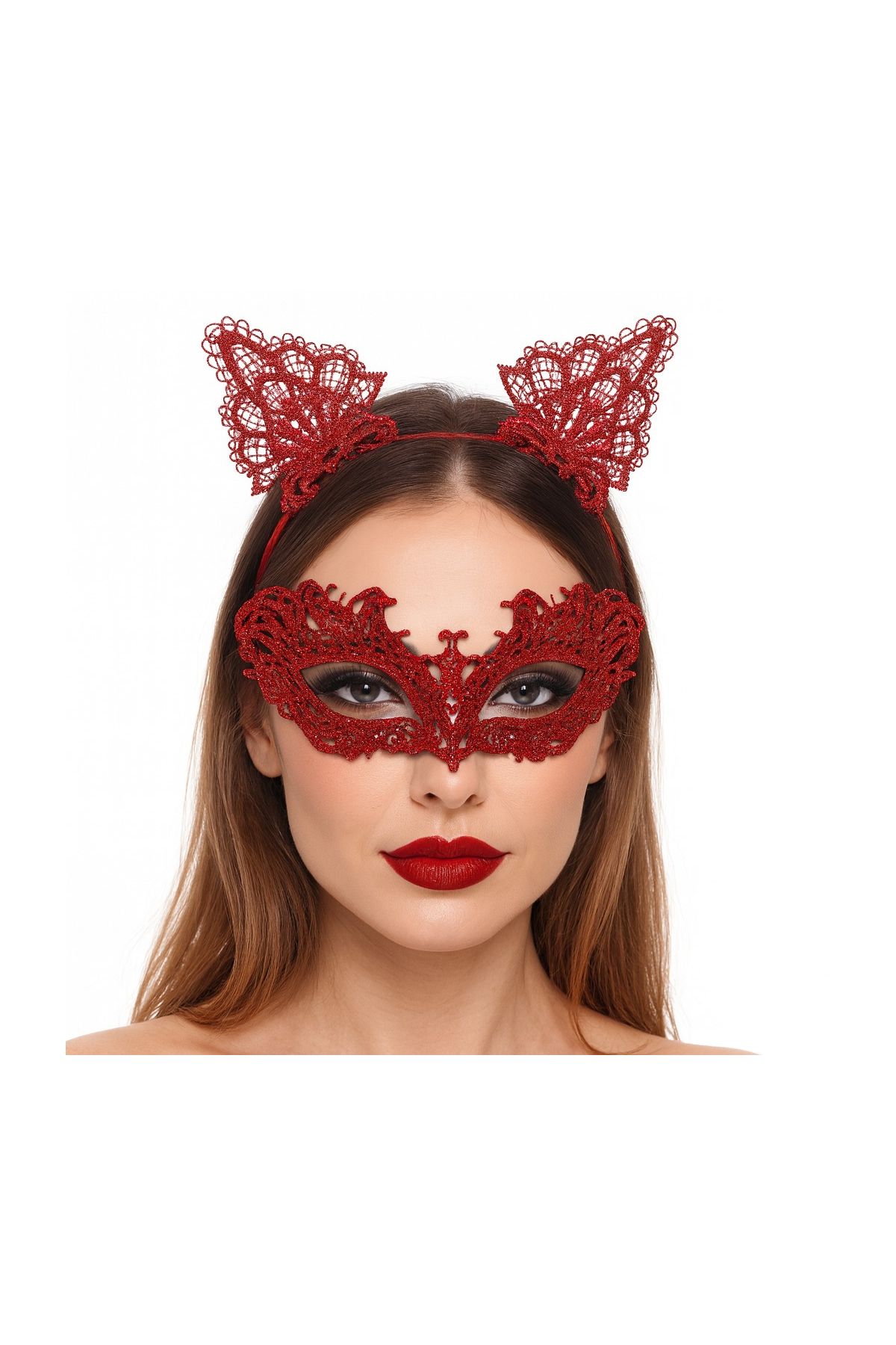 Şık Kırmızı Dantel Maske ve Taç Seti 5 No – Maskeli B &amp Özel Etkinlikler