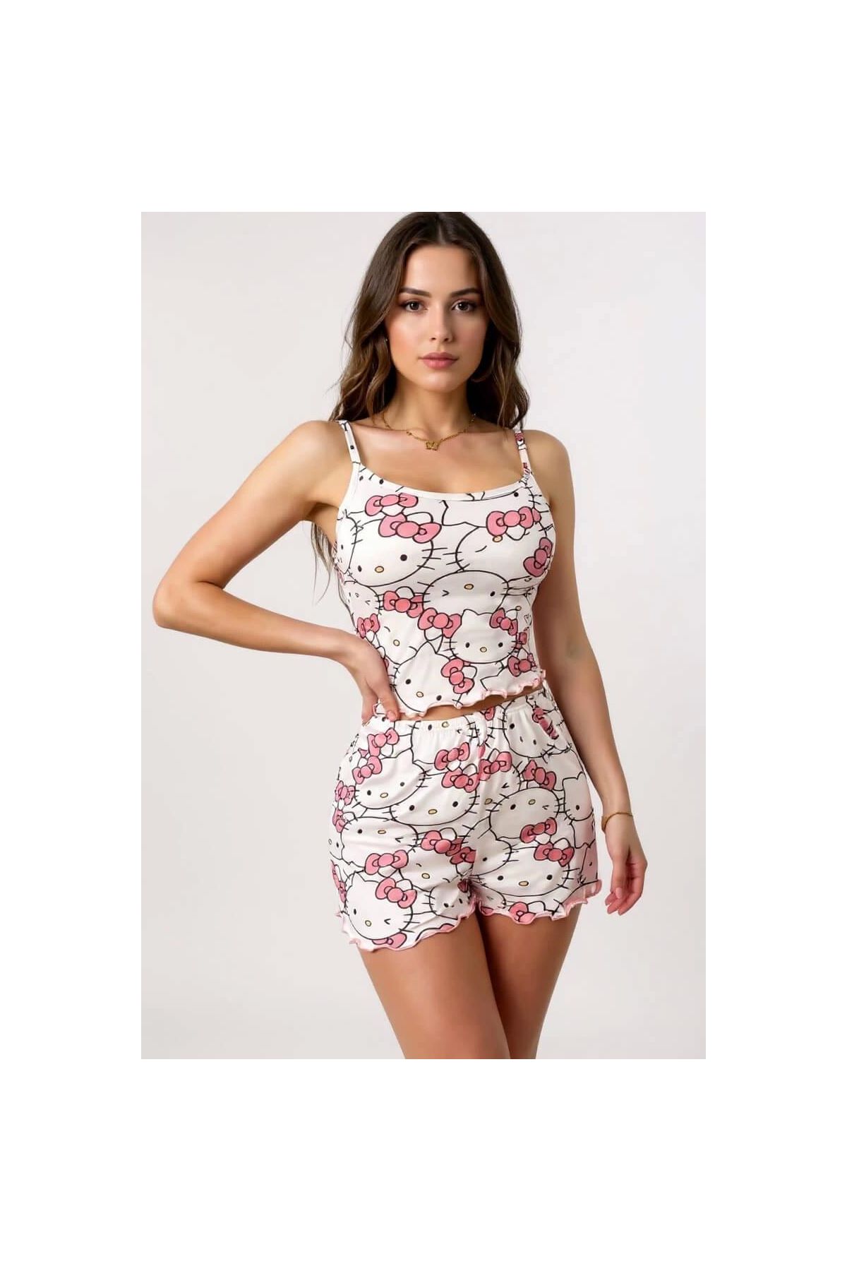Hello Kitty Baskılı Askılı Şortlu Pijama