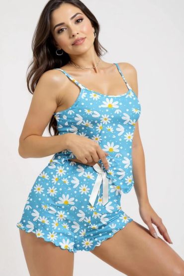  Baskılı Mavi Askılı Şortlu Pijama
