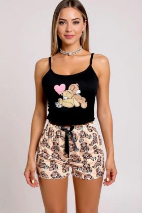 Ayıcık Desenli Askılı Şortlu Kadın Pijama