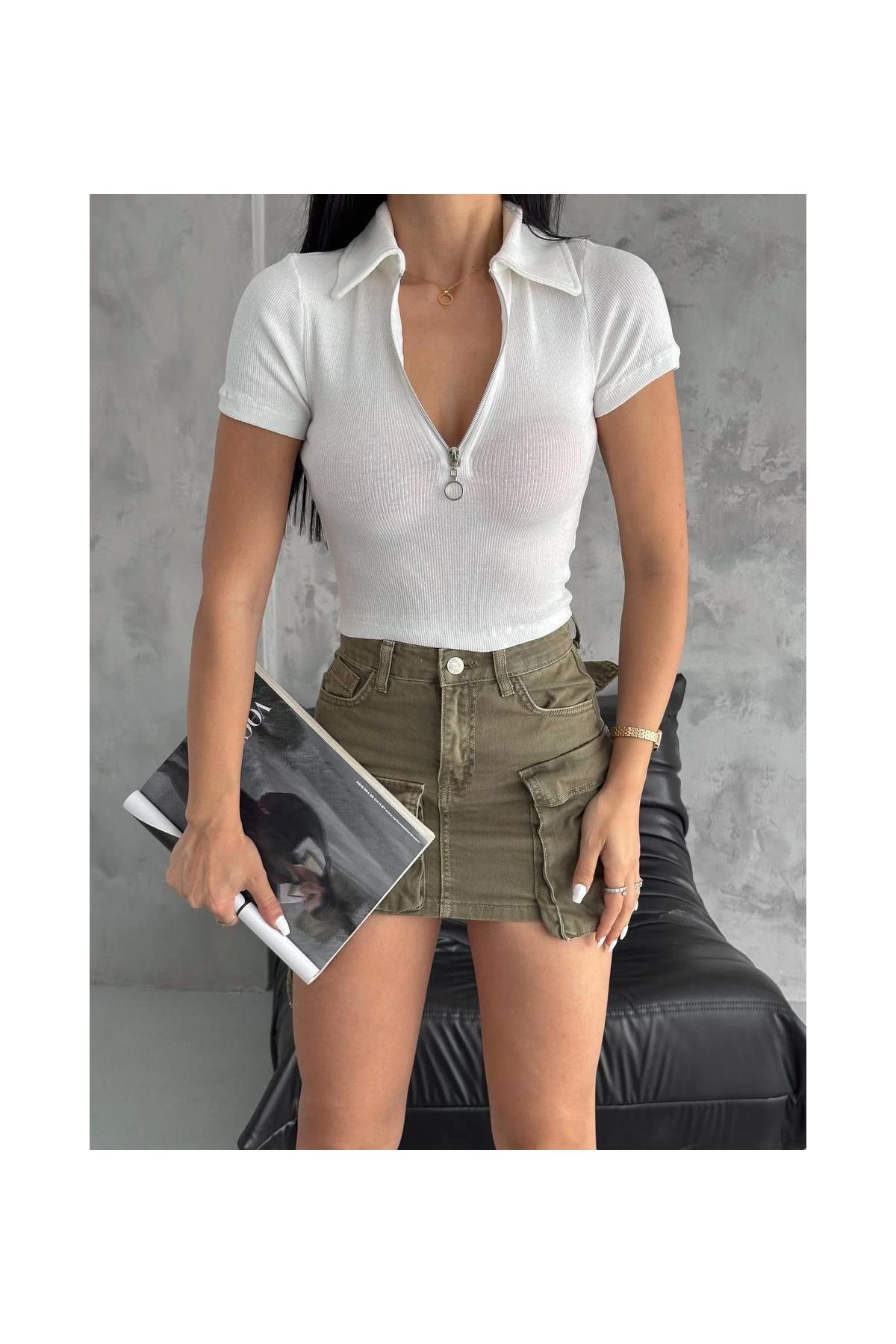 kaşkorse yaka fermuarlı bluz beyaz