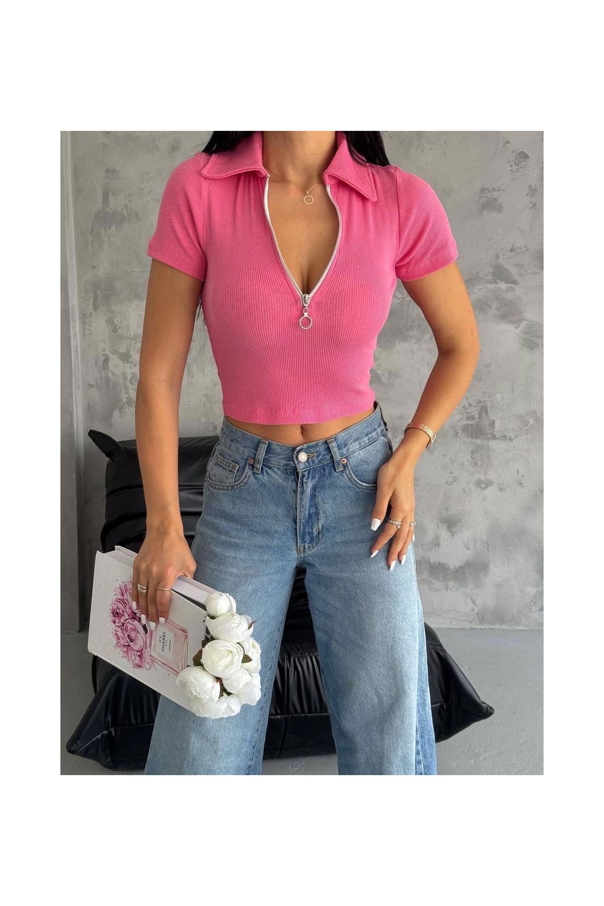 kaşkorse yaka fermuarlı bluz fuşya