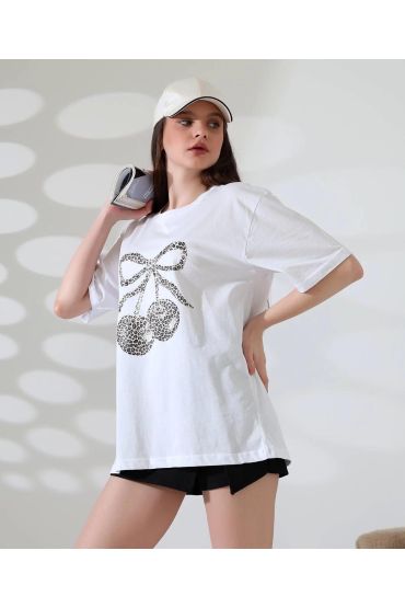 Leopar desenli kiraz baskılı tişört