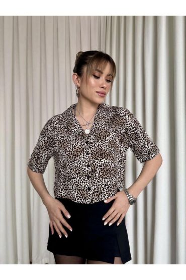 Leopar desenli crop gömlek