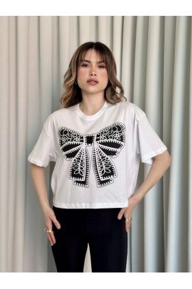 Oversize Beyaz baskılı crop tişört
