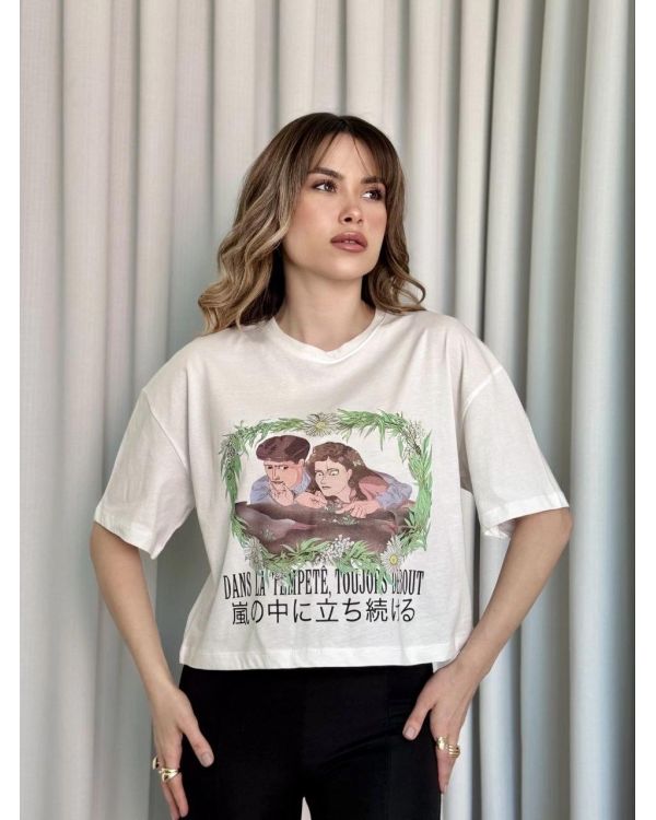 Oversize Beyaz baskılı crop tişört