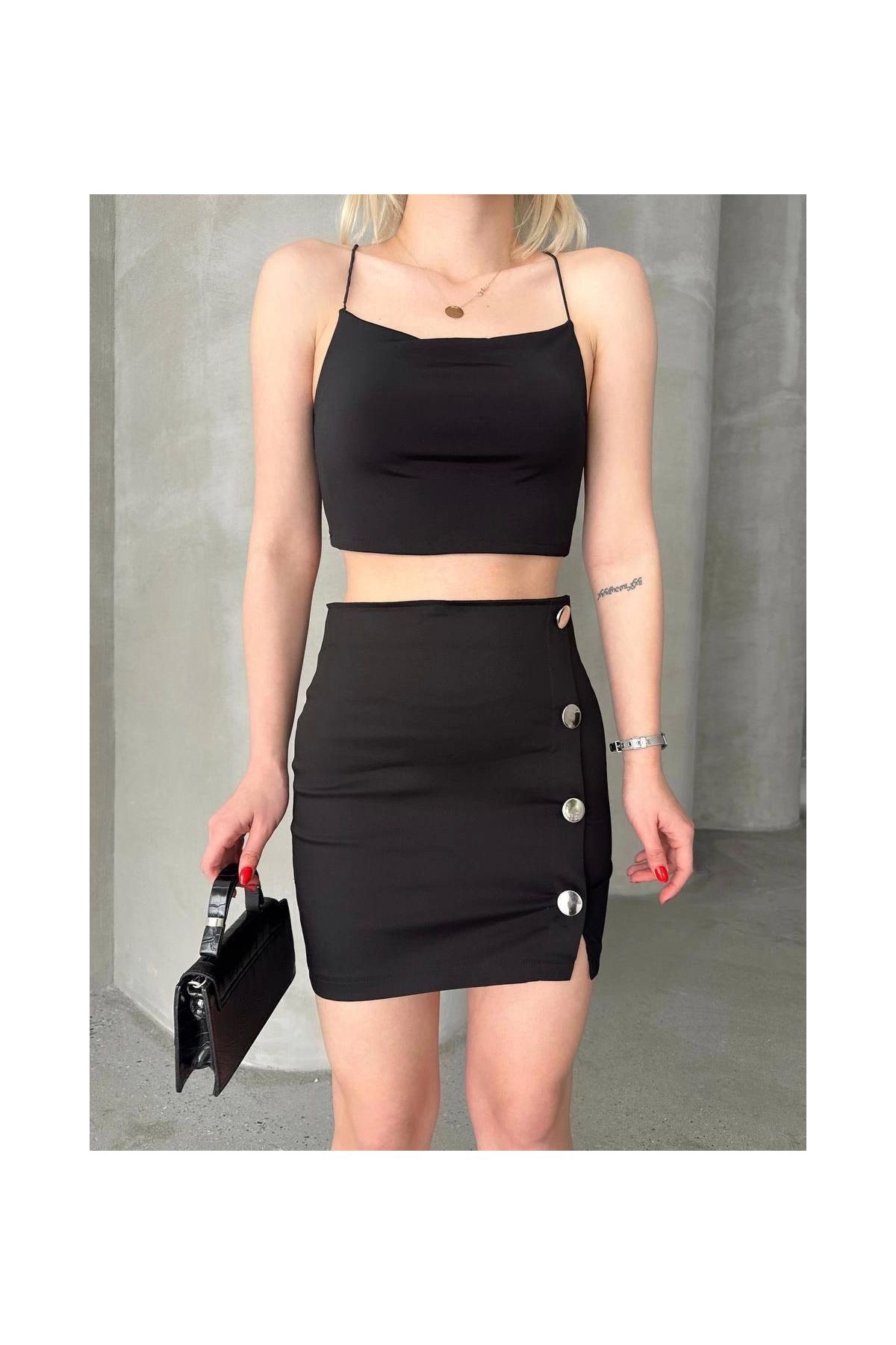 Likralı gabardin dört düğmeli etek