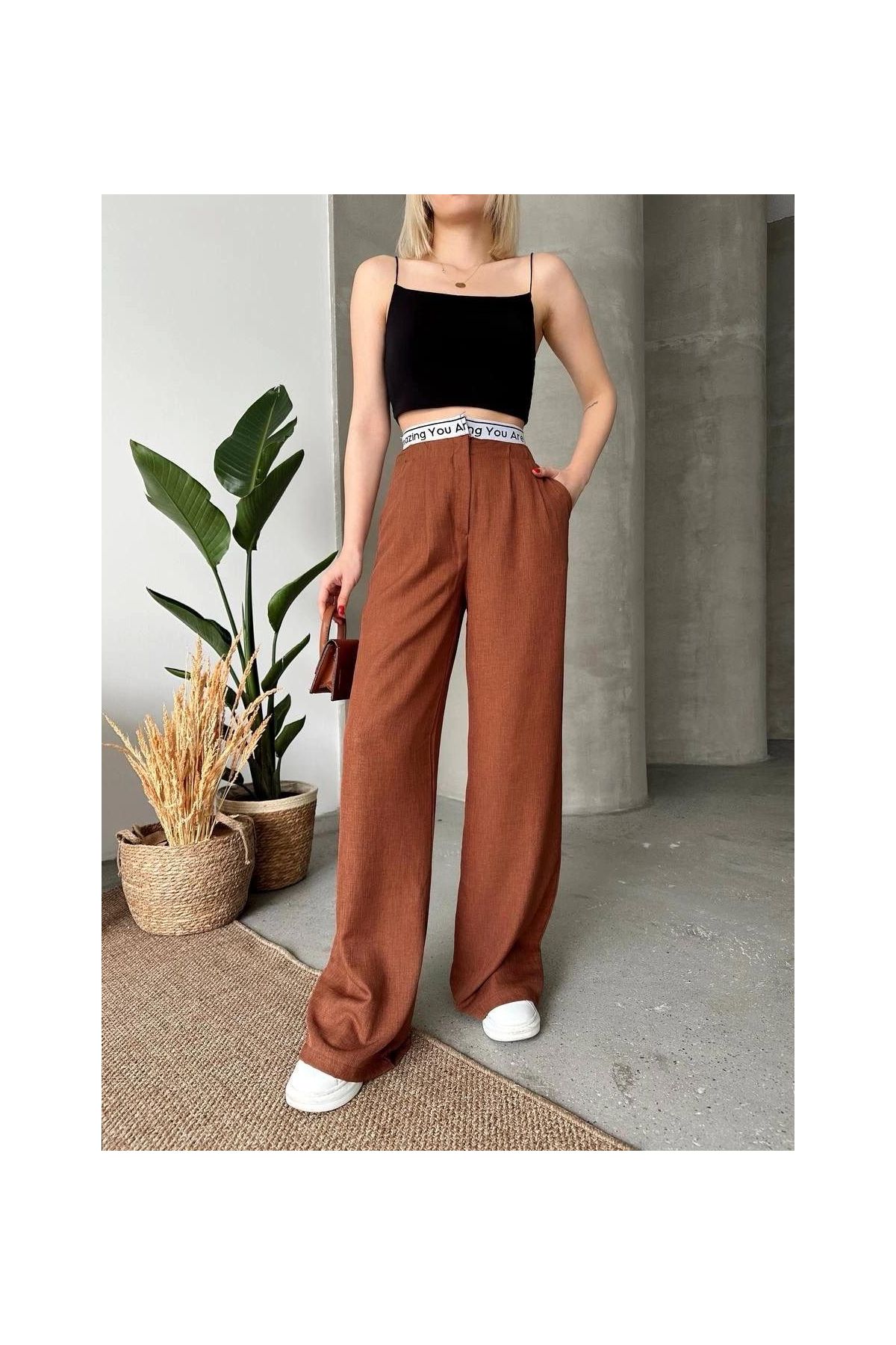 Flamlı kahve pantolon