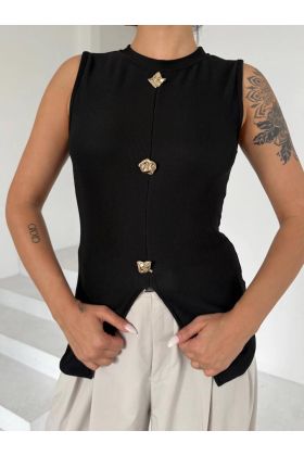 Kadın siyah bisiklet yaka gold düğmeli ottoman bluz