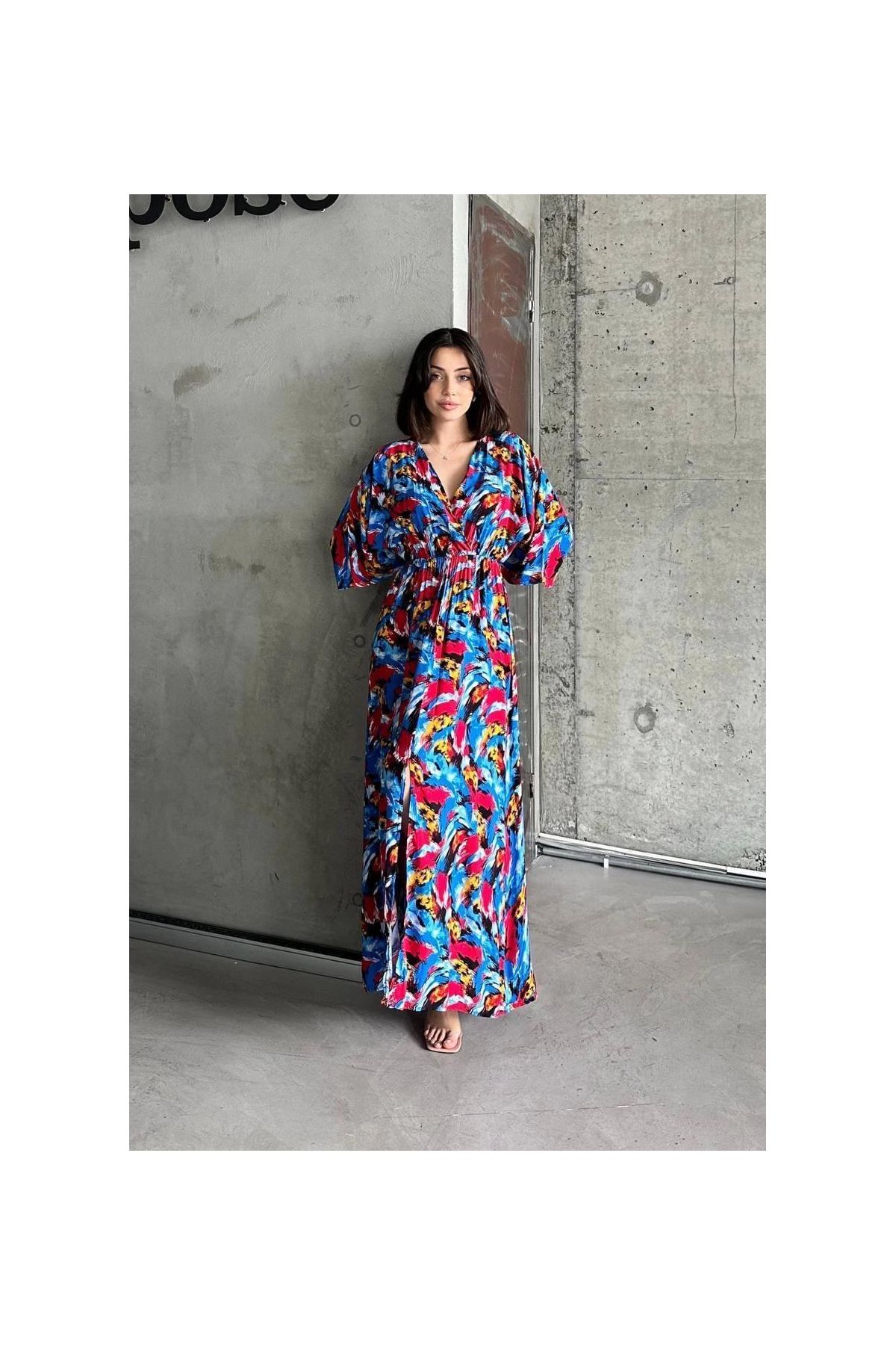 Dokuma baskılı sa kol elbise s8124